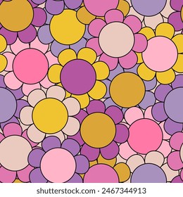 Abstract simple flower seamless pattern in 70s hippie style. Big daisy blossom background. Floral ornament. Cartoon flowers art illustration for retro vintage wallpaper design.