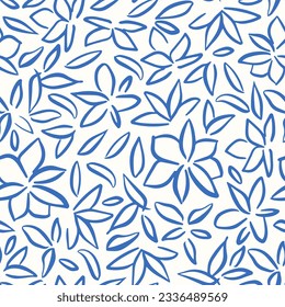 Abstract, simple flowers with leaves seamless repeat pattern. Random placed, line vector botany all over surface print on white background.