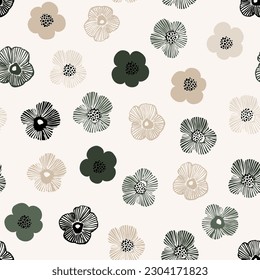 Abstract simple flowers print. Beige green black colored daisy flowers with dotted doodle texture background. Trendy collage seamless pattern for fashion design, floral prints, spring summer wallpaper