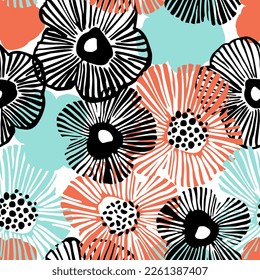 Abstract simple flowers print. Bold daisy flowers and dotted doodle texture background. Trendy collage seamless pattern for fashion design, floral prints, wallpaper