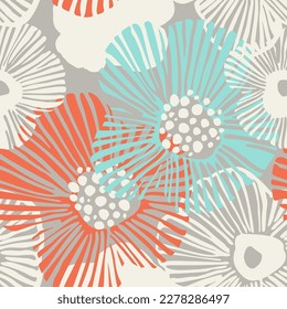 Abstract simple flowers print. Bold daisy flowers and dotted doodle texture background. Trendy collage seamless pattern for fashion design, floral prints, wallpaper