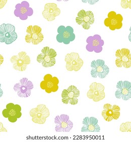 Abstract simple flowers print. Colorful daisy flowers and dotted doodle texture background. Trendy collage seamless pattern for fashion design, floral prints, spring summer wallpaper