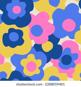 Abstract simple flowers print. Colorful daisy flowers background. Big blooming daisy flowers design. Trendy collage seamless pattern for fashion design, floral prints, spring summer wallpaper