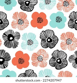 Abstract simple flowers in a row print. Bold daisy flowers and dotted doodle texture background. Trendy collage seamless pattern for fashion design, floral prints, wallpaper