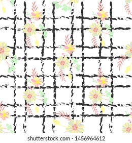 Abstract simple flowers seamless pattern for fabric design. Vector repeat illustrations. Romantic twig and flora seamless pattern.Botanical wallpaper. Element decorative floral.