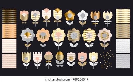 Abstract simple folk style elegant floral set for for card or poster design. Concept geometric tulip flowers in gold and beige color. Spring blossom vector illustration.