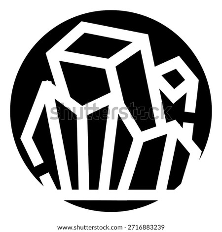 Abstract simple geometric crystal symbol embedded in a black circle, representing concepts of strength, structure, and natural formations, perfect for branding or modern design projects