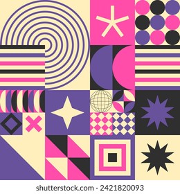 Abstract simple geometric seamless pattern with figure, form, shapes, circle and lines in Bauhaus style. Vibrant grunge geometry brutalism y2k 2000s print. Modern collage vector illustration.