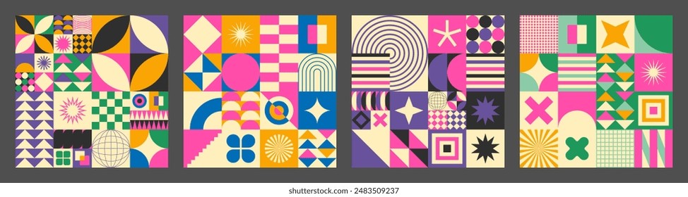 Abstract simple geometric seamless pattern with figure, form, shapes, circle and lines in Bauhaus style. Vibrant grunge geometry brutalism y2k 2000s print. Modern collage vector illustration.