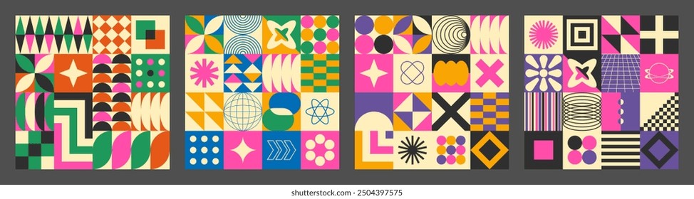 Abstract simple geometric seamless pattern with figure, form, shapes, circle and lines in Bauhaus style. Vibrant grunge geometry brutalism y2k 2000s print. Modern collage vector illustration.