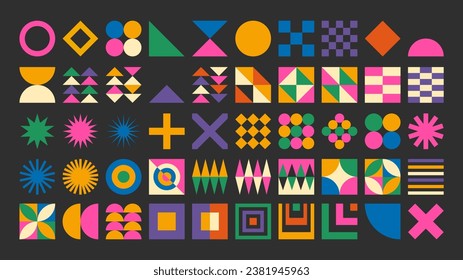 Abstract simple geometric set with elements with figure, form, shapes, circle and lines in Bauhaus style. Vibrant grunge geometry brutalism y2k 2000s print. Modern collage vector illustration.