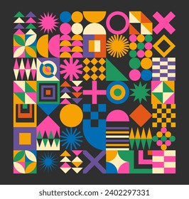 Abstract simple geometric set with elements with figure, form, shapes, circle and lines in Bauhaus style. Vibrant grunge geometry brutalism y2k 2000s print. Modern collage vector illustration.