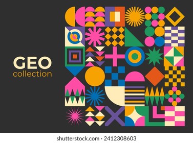 Abstract simple geometric set with elements with figure, form, shapes, circle and lines in Bauhaus style. Vibrant grunge geometry brutalism y2k 2000s print. Modern collage vector illustration.