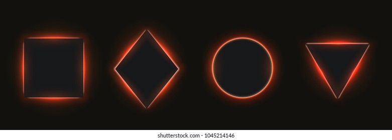 Abstract simple geometric shapes with realistic neon led backlighting behind isolated on black background. Template for banner, cover, poster. Vector illustration.