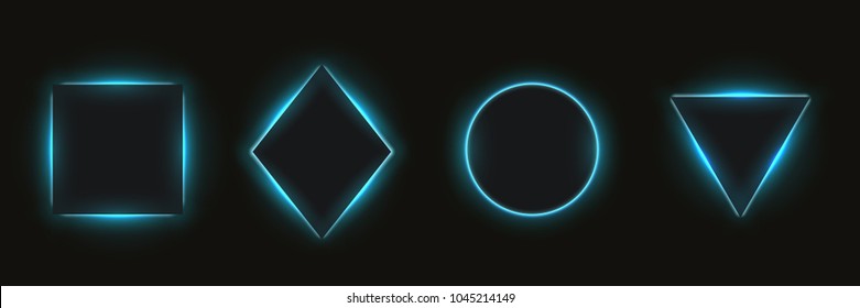 Abstrato formas geométricas simples com retroiluminação led neon realista atrás isolado no fundo preto. Modelo para banner, capa, cartaz. Ilustração vetorial.