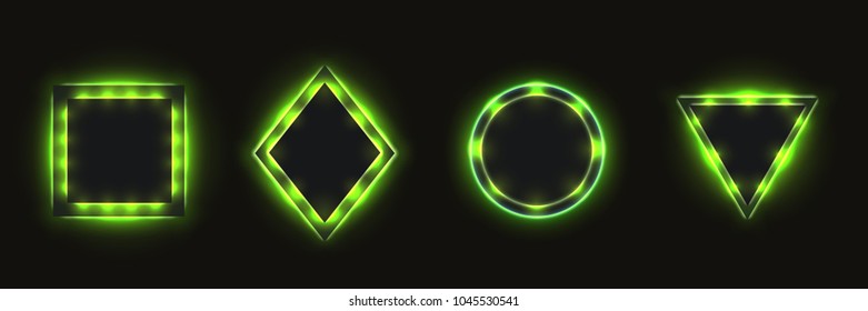 Abstract simple geometric shapes with realistic neon led backlighting behind isolated on black background. Template for banner, cover, poster. Vector illustration.