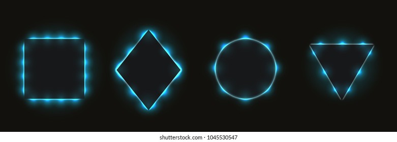 Formas geométricas simples abstractas con retroiluminación realista liderada por neón, aisladas en fondo negro. Plantilla para banner, portada, afiche. Ilustración vectorial.