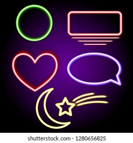 Abstract simple geometric shapes with realistic neon led backlighting behind isolated on black background. Template for banner, cover, poster. Vector illustration.