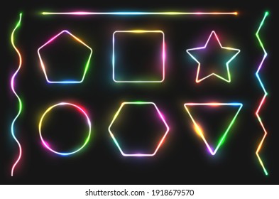 Abstract Simple Geometric Shapes With Realistic Neon Led Backlighting Behind Isolated On Black Background. Template For Banner, Cover, Poster. Vector Illustration.