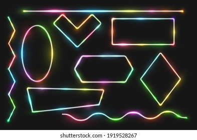 Abstract simple geometric shapes with realistic neon led backlighting behind isolated on black background. Template for banner, cover, poster. Vector illustration.