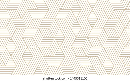 Abstract simple geometric vector seamless pattern with gold line texture on white background. Light modern simple wallpaper, bright tile backdrop, monochrome graphic element.