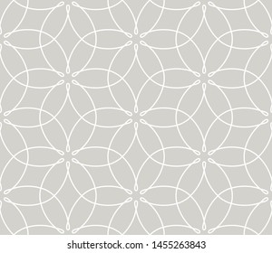 Abstract simple geometric vector seamless pattern with white line floral texture on grey background. Light gray modern wallpaper, bright tile backdrop, monochrome graphic element.