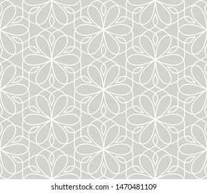 Abstract simple geometric vector seamless pattern with white line floral texture on grey background. Light gray modern wallpaper, bright tile backdrop, monochrome graphic element.