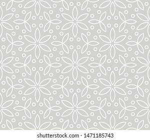 Abstract simple geometric vector seamless pattern with white line floral texture on grey background. Light gray modern wallpaper, bright tile backdrop, monochrome graphic element.