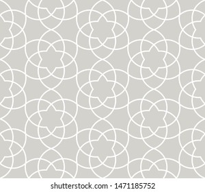 Abstract simple geometric vector seamless pattern with white line floral texture on grey background. Light gray modern wallpaper, bright tile backdrop, monochrome graphic element.