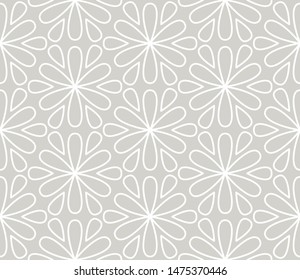 Abstract simple geometric vector seamless pattern with white line floral texture on grey background. Light gray modern wallpaper, bright tile backdrop, monochrome graphic element.