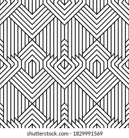 Abstract simple geometric vector seamless pattern with black line texture on white background.