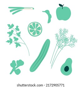 Abstract simple green fruit vegetables greens set, vegeterian food collection. Fresh doodle kids leek green onion, peas apple parsley dill cucumber avocado broccoli print pattern vector illustration