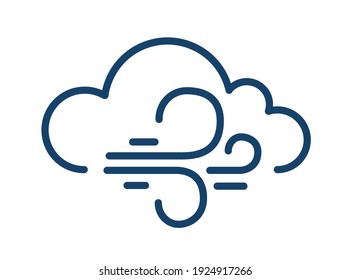 Resumen ícono simple del viento en línea estilo arte con nubes y líneas curvadas de viento soplando aislado en fondo blanco. Ilustración lineal vectorial