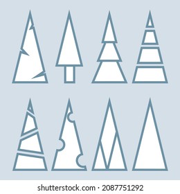 Abstract simple icons of snow Christmas trees on winter background. Christmas and New Year elements for postcards, printing, packaging, decoration. Set of vector illustrations