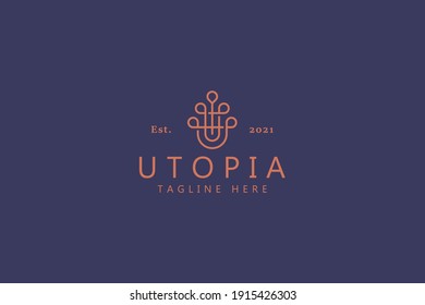 Abstract Simple Line Logo Concept. Utopia Initial Letter U Ornament. The Unique Classic Kingdom Crown Monarch.