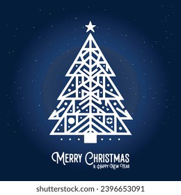 abstract simple merry christmas and happy new year blue white design poster, background xmas tree vector minimal template, illustration. silhouette modern elegant luxury clean template confetti star