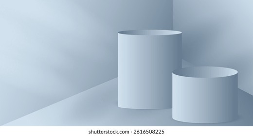 Abstract simple minimalist 3D light blue cylinder podium background for product presentation. Shadow and light from window on the wall.