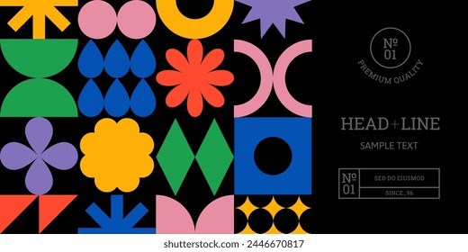 Abstract Simple Minimalist Banner with Colorful Geometric Shapes. Vector Poster with Various Geometric Graphic. Modern Pattern with Stars, Flowers and Doodle Shapes in Memphis and Brutalist Style