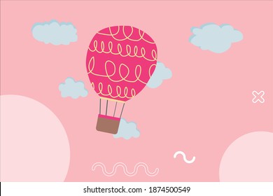 Abstract Simple minimalistic background with hot air balloon object and clouds in pink color