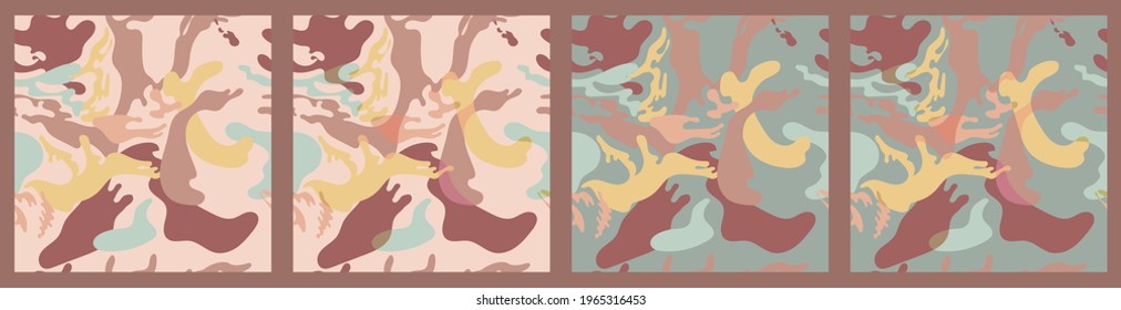 Abstract simple minimalistic liquid marble patterns. Flat design. Swirls of earth and sand colors. Seamless backgrounds
