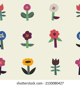 Resumen de flores simples e ingenuas. Patrón sin foco. Ilustración dibujada a mano por vectores.