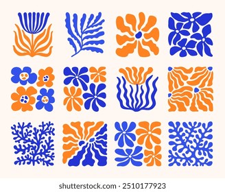 Abstrato simples laranja azul colorido flores, folhas e composições de corais. Desenhos de arte contemporânea de cor mediterrânea. Desenho ingênuo. Ilustração vetorial EPS 10.