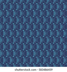 Abstract simple pattern with circles. Circles separated by dots on two parts. Half of circles filled with lines. Trendy pattern for fabric, wrapping paper, cards, web backgrounds. Vector background.