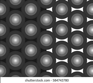 Abstract simple pattern with concentric circles. Half of circles filled with lines. Trendy pattern for fabric, wrapping paper, cards, web backgrounds. Vector background.