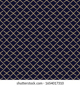 Abstract simple pattern with golden criss-cross lines. Black and gold geometric background. Vector seamless texture in minimal style.