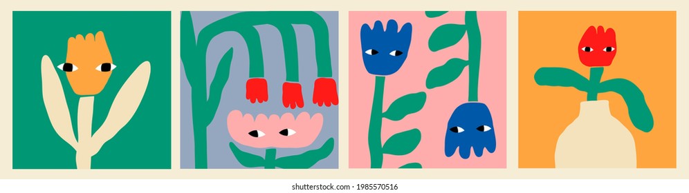 Abstract simple Plants and Flowers with eyes. Hand drawn colored Vector Set. Floral design, Naive art, Infantile Style Art. Colorful trendy illustration. Pre-made cards or prints