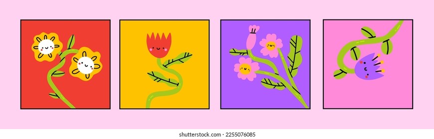 Abstract simple Plants and Flowers with eyes. Hand drawn colored Vector Set. Floral design, Naive art, Infantile Style Art. Colorful trendy illustration. Pre-made cards or prints