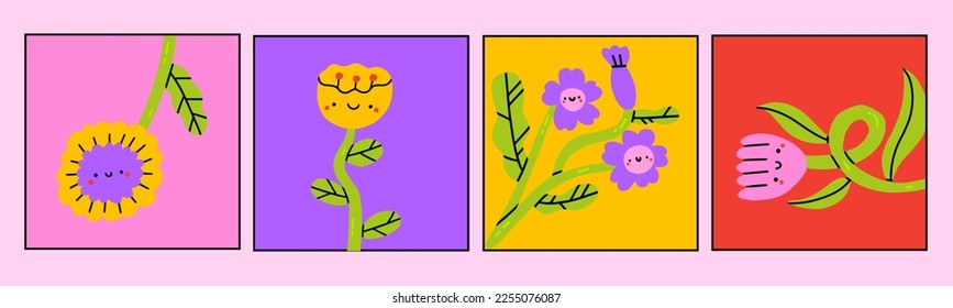 Abstract simple Plants and Flowers with eyes. Hand drawn colored Vector Set. Floral design, Naive art, Infantile Style Art. Colorful trendy illustration. Pre-made cards or prints
