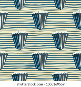 Abstract simple popcorn seamless pattern. Navy blue cinema snack ornament with stripped background. Decorative backdrop for wallpaper, textile, wrapping paper, fabric print. Vector illustration.