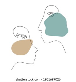Abstract and simple portrait of a couple - man's and woman's head in profile drawn by hand with one line. Continuous contour and spots in dirty blue and dirty beige colors. Relationship between.